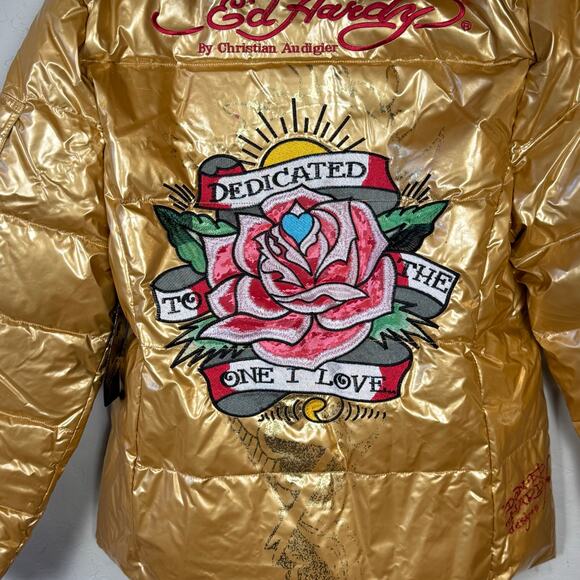 Ed Hardy NWT Size XL Y2K Gold Down Puffer Coat Embroidered Roses Skulls Hooded - Picture 5 of 16
